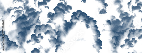 Abstract whimsical cloudscape of fluffy blue shapes on white backdrop