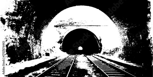 Black ink silhouette of abandoned subway tunnel - urban grunge art concept