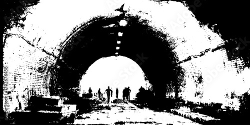 Mysterious black ink silhouette in abandoned subway tunnel scene