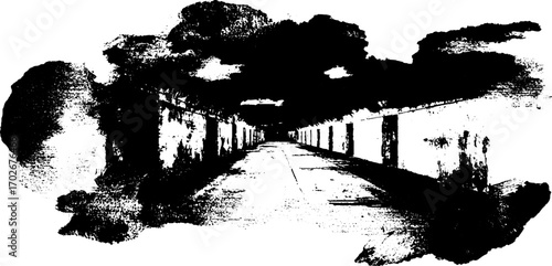 Black ink silhouette of abandoned subway tunnel for urban grunge art and design