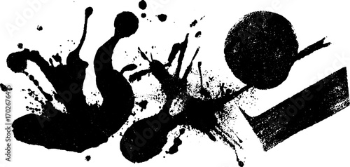 Black ink silhouette with chaotic abstract splatter and shapes for urban wall art design