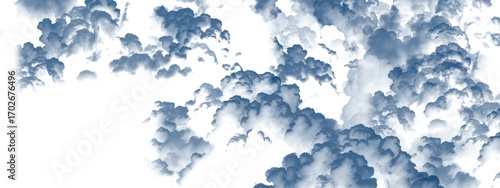 Abstract whimsical cloudscape of fluffy blue shapes on white backdrop