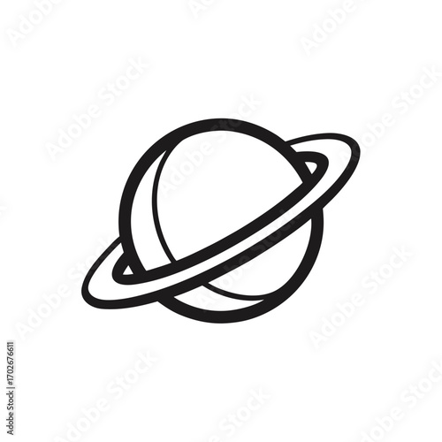 Illustration of a planet with a ring system in black on transparent background