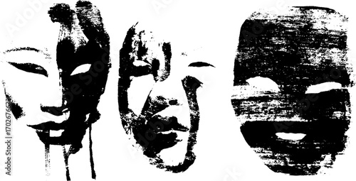 Abstract collage face silhouettes in black ink for urban art design