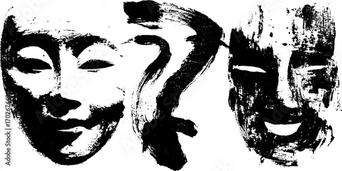 Abstract ink silhouette of face collage with expressive brush stroke design for artistic inspiration