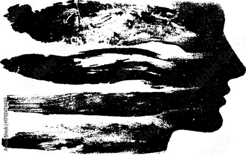 Abstract collage head in black ink silhouette with texture for conceptual art design