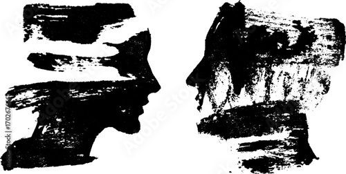Abstract dual head silhouette in black ink collage design
