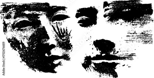 Abstract black ink silhouette of face collage art with grunge texture