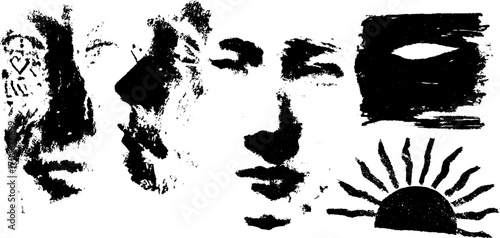 Abstract face collage with black ink silhouette and grunge sunburst design