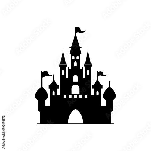 Silhouette image of a fairy tale castle with flags on transparent background