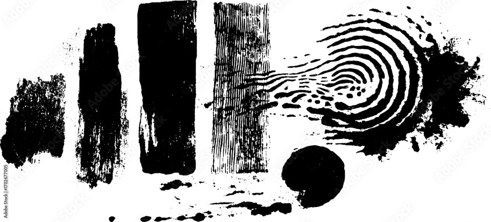 Black ink silhouette design for acid techno poster with abstract elements