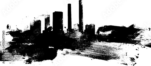 Urban decay: black ink silhouette of an abandoned factory for industrial-themed art design