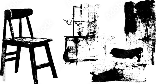 Black ink silhouette art of abandoned room with chair