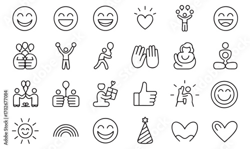 Minimal vector line icon pack of happy faces, celebration, mindfulness, rainbow, sun, and cheerful lifestyle symbols