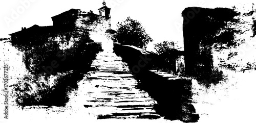 Black ink silhouette of an old alley with rustic charm