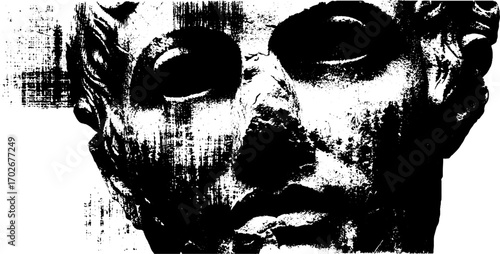 Black ink silhouette of ancient broken statue bust: art design for posters or cards