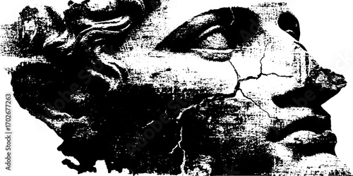 Black ink silhouette of ancient broken statue bust with grunge texture for artistic design