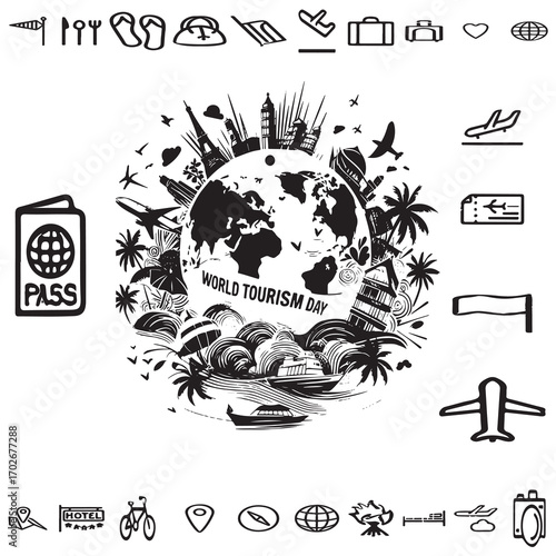Celebrating World Tourism Day with Iconic Travel Elements Around the Globe Including Landmarks Flights Passports Hotels and Adventure Symbols