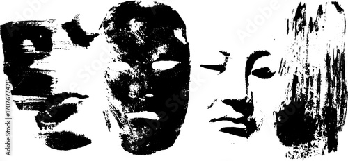 Avant garde mask collage using black ink silhouettes with grunge effects
