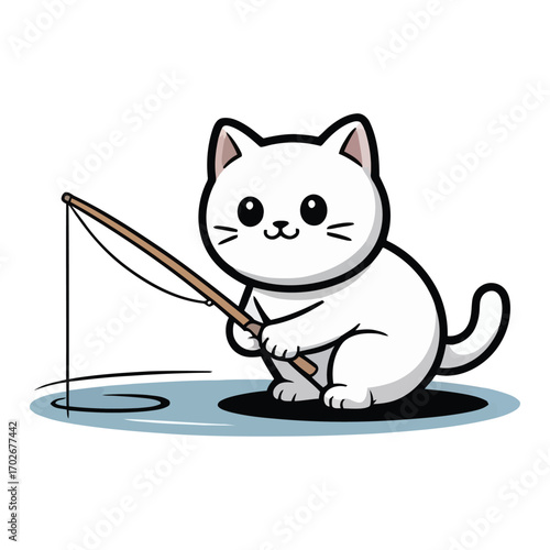 A simple, round, cute white cat fishing with a rod in a small pond, curious expression.