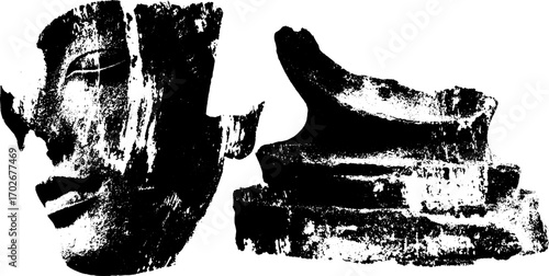 Black ink silhouette of broken ancient statue head with grunge texture