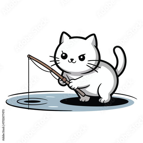A simple, round, cute white cat fishing with a rod in a small pond, curious expression.