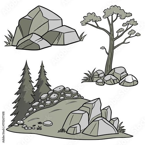 Cartoon grey stone and rock clipart, 3D boulders and pebbles, a pile of rubble and debris, isolated natural landscape elements, and mountain cliff and rocky terrain design. Vector set