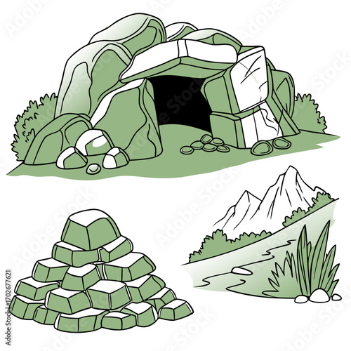 Cartoon grey stone and rock clipart, 3D boulders and pebbles, a pile of rubble and debris, isolated natural landscape elements, and mountain cliff and rocky terrain design. Vector set