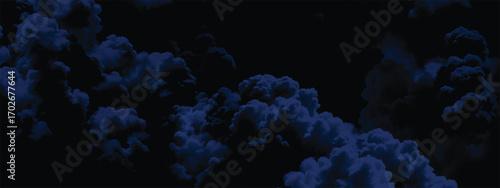 Digital abstract design of stormy dark blue cloud formations on black sky