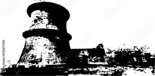 Black ink silhouette of brutalist concrete tower with urban art elements