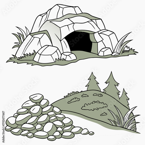 Cartoon grey stone and rock clipart, 3D boulders and pebbles, a pile of rubble and debris, isolated natural landscape elements, and mountain cliff and rocky terrain design. Vector set