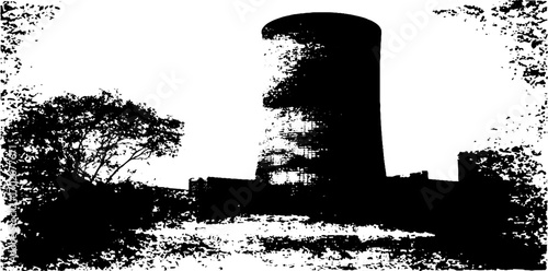 Black ink silhouette of brutalist concrete tower with urban grunge elements