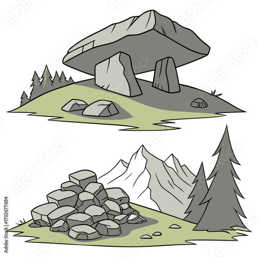 Cartoon grey stone and rock clipart, 3D boulders and pebbles, a pile of rubble and debris, isolated natural landscape elements, and mountain cliff and rocky terrain design. Vector set