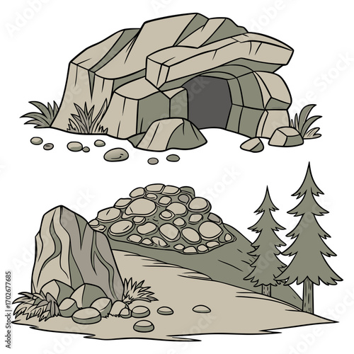 Cartoon grey stone and rock clipart, 3D boulders and pebbles, a pile of rubble and debris, isolated natural landscape elements, and mountain cliff and rocky terrain design. Vector set