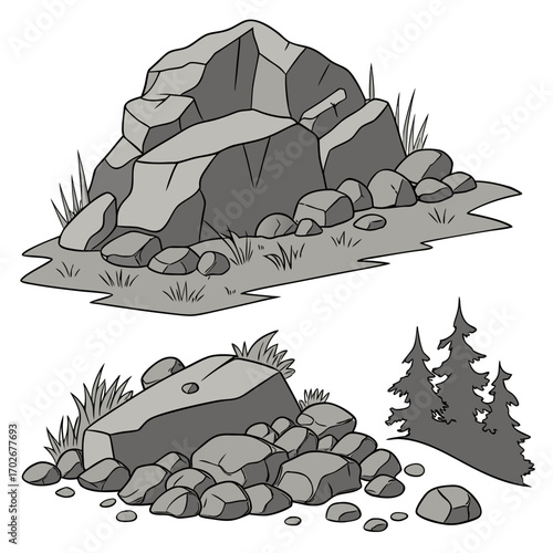 Cartoon grey stone and rock clipart, 3D boulders and pebbles, a pile of rubble and debris, isolated natural landscape elements, and mountain cliff and rocky terrain design. Vector set