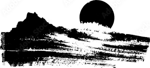 Desert landscape with cactus silhouette and dramatic dunes in black ink