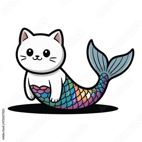 The cat transforms into a mermaid, the upper body of the cat, the lower body of a long shiny mermaid tail,
