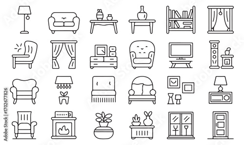 Set of interior design line icons with modern furniture, home accessories, indoor plants, and cozy living room lifestyle elements