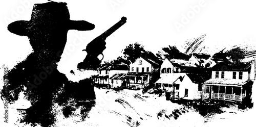 Dramatic cowboy silhouette with revolver and old western townscape