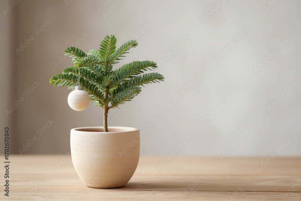 Fototapeta premium small christmas tree planted in clay pot adorned with single ornament rests gracefully