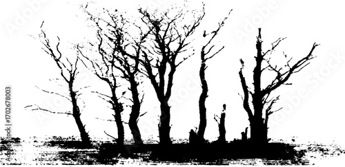 Black ink silhouette of dead forest with dry trees for artistic design