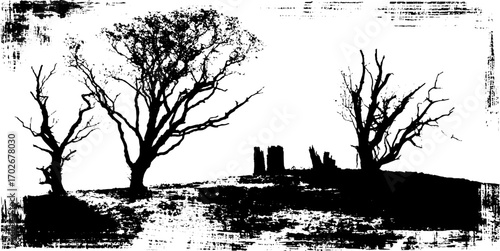 Black ink silhouette of dead forest with dry trees for artistic design