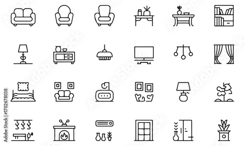 Vector line icons collection featuring stylish furniture, home decor, curtains, fireplace, and room accessories in clean outline style