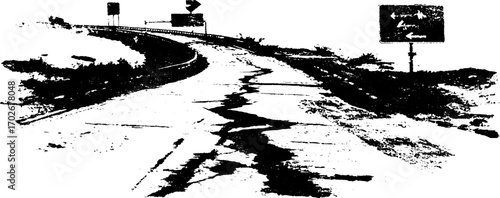 Black ink silhouette of cracked highway scene for urban art and design