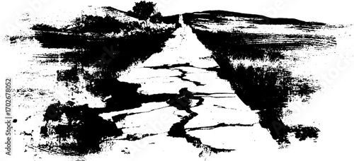 Black ink silhouette of cracked highway landscape for urban art and design