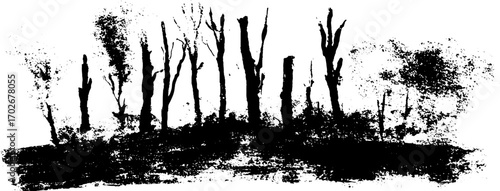 Black ink silhouette of dead forest with dry trees - eerie landscape design