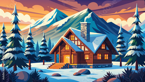 Rustic mountain cabin with dark timber walls, stone chimney, and snow-dusted pine trees, glowing warmly through large windows, surrounded by serene alpine peaks and crisp fresh air.