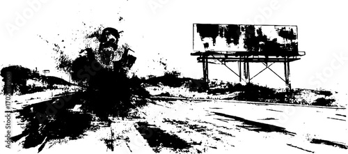 Black ink silhouette of a destroyed highway with dramatic urban landscape