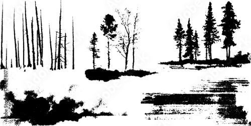 Black ink silhouette of dead forest with dry trees for grunge art design
