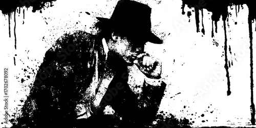 Mysterious detective silhouette in fedora with smoke and black ink drips